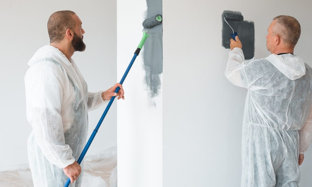 Professional renovation crew painting walls of new build apartment