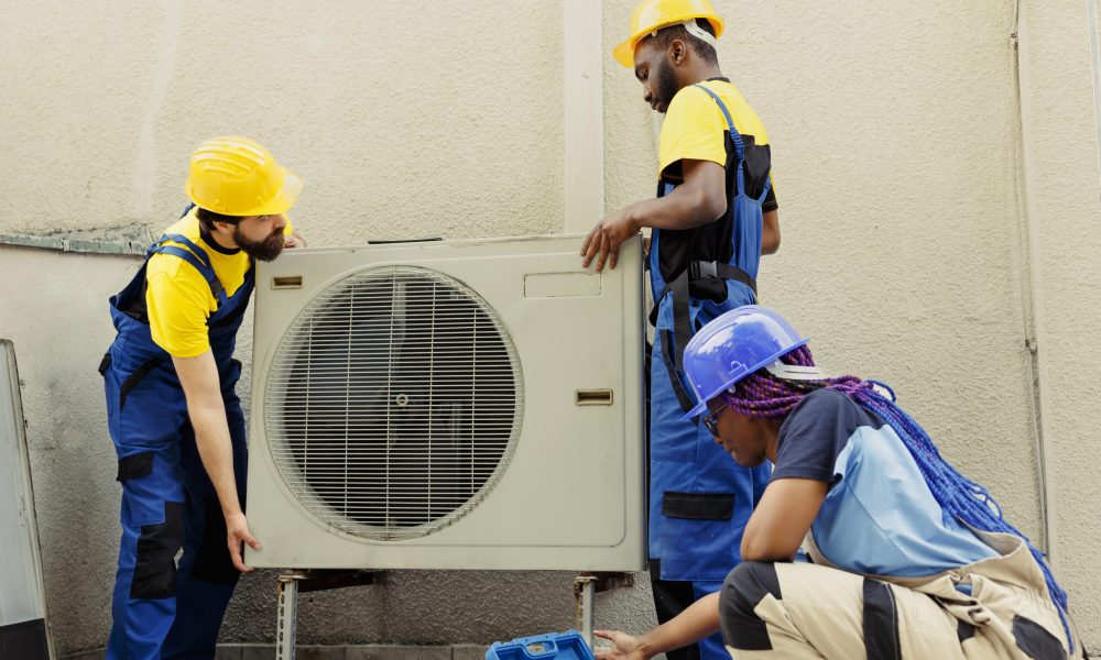 Knowleadgeable engineering team installing new outdoor air conditioner for home owner after replacing old condenser. Efficient technicians tasked with optimizing new HVAC system performance
